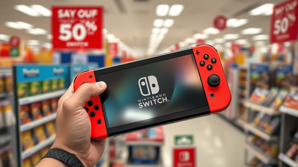 Close-up of hands holding Nintendo Switch console with game case, retail environment background showing discount signs and promotional displays, natural lighting