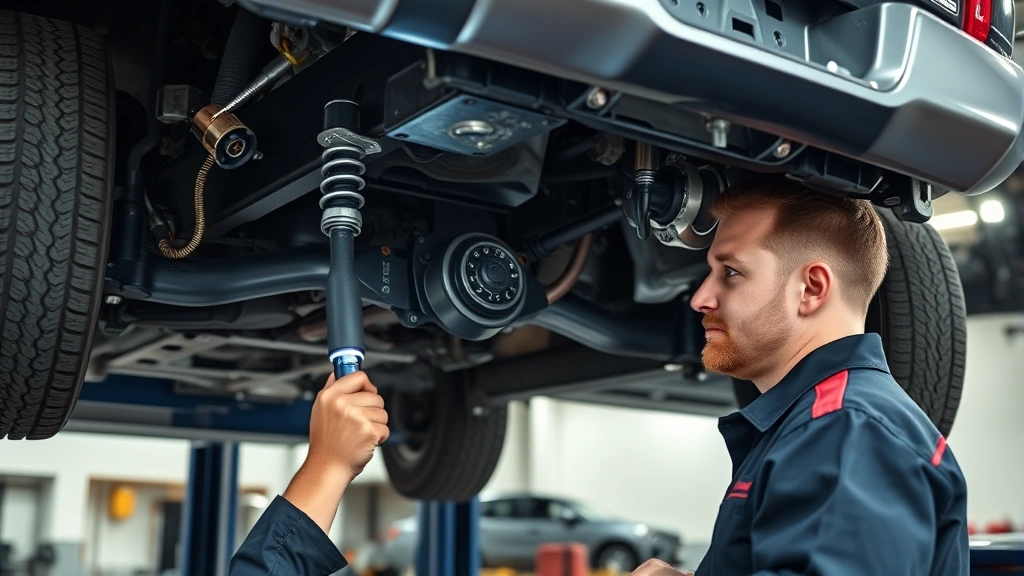 Professional mechanic inspecting undercarriage of Toyota Tacoma truck on lift in automotive service facility, checking suspension components with flashlight and diagnostic tools, focused expression examining frame condition