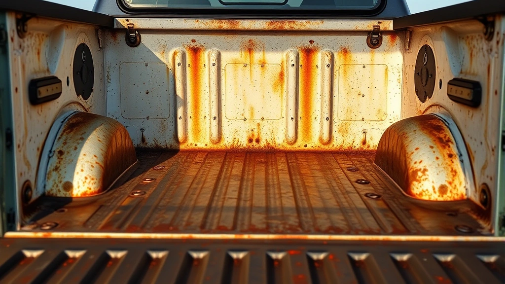 Detailed close-up of truck bed interior showing bed liner condition, rust assessment, and wear patterns with natural daylight illuminating bed floor and side walls for inspection purposes