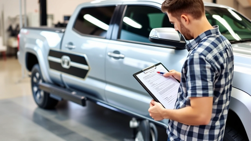 Automotive appraiser or buyer reviewing vehicle condition on tablet clipboard while standing beside silver Toyota Tacoma Access Cab, examining truck exterior with professional inspection checklist