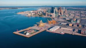 Professional aerial photograph of Tacoma waterfront with Commencement Bay, modern downtown skyline in background, clear daytime lighting, showing urban development and port infrastructure
