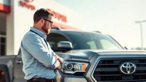Professional auto salesman and customer reviewing Toyota Tacoma truck on dealership lot, both examining truck exterior in bright daylight with genuine interest