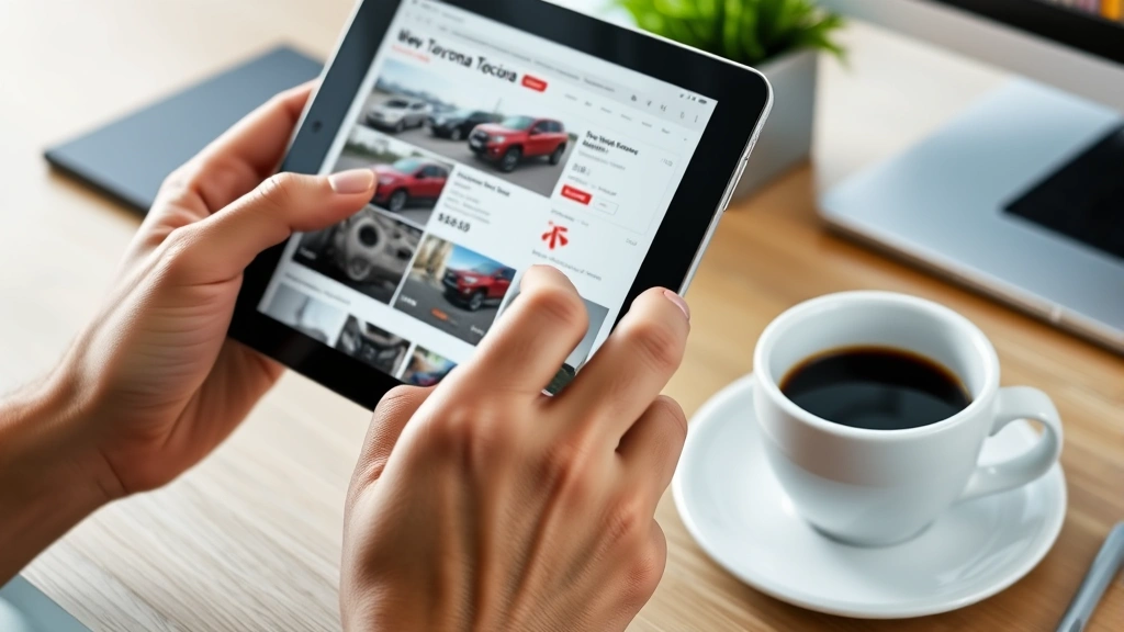 Close-up of hands holding tablet displaying vehicle listing webpage with Tacoma truck photos and pricing information, coffee cup visible on desk
