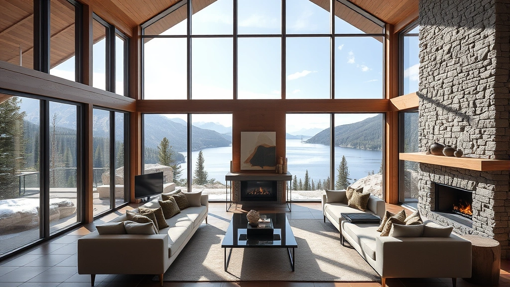 Modern luxury mountain home interior showing floor-to-ceiling windows overlooking lake view, contemporary furnishings, stone fireplace, and architectural detail, professional real estate photography, natural lighting, no visible text