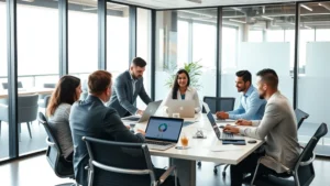 Professional sales team in modern glass office collaborating around conference table with laptops and charts, natural daylight, diverse team members engaged in strategic discussion