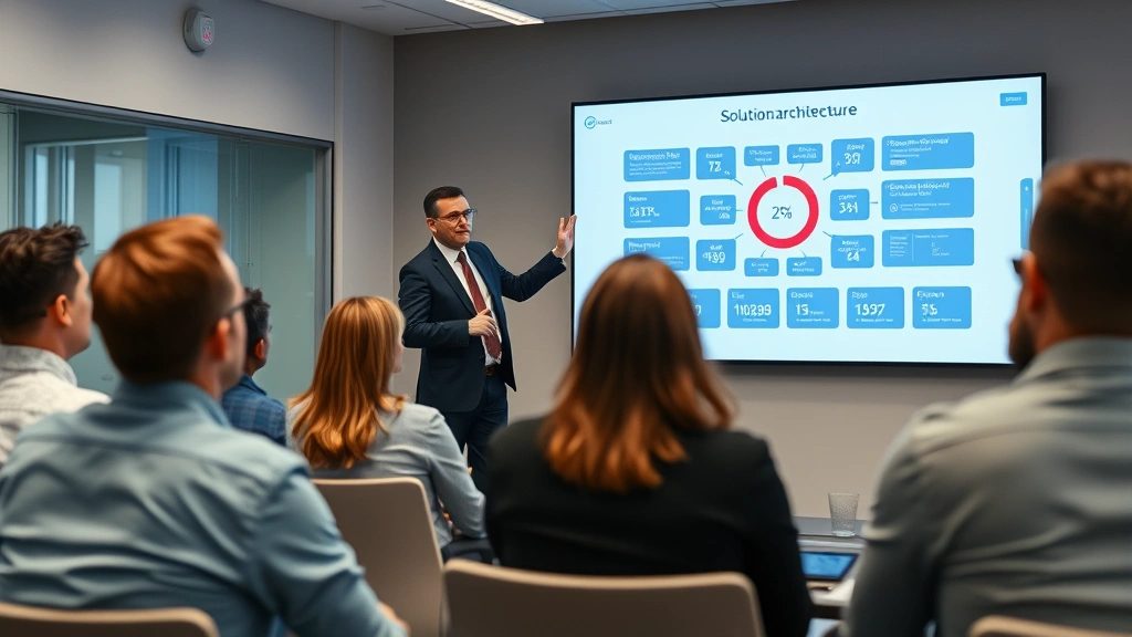 Business professional presenting solution architecture on large digital display to attentive audience in corporate conference room, clean modern environment, professional attire