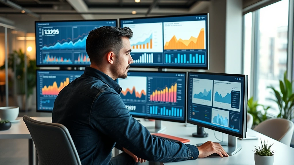 Sales professional reviewing analytics dashboard on multiple monitors showing performance metrics, pipeline data, and revenue charts in contemporary office setting