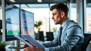 Professional business executive in modern office reviewing financial documents and stock charts on computer monitor, neutral expression, natural lighting from windows