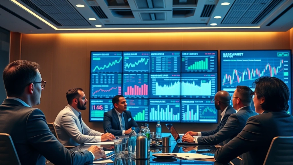 Diverse group of institutional investors in conference room analyzing data on large display screens showing market trends and performance metrics, serious professional atmosphere