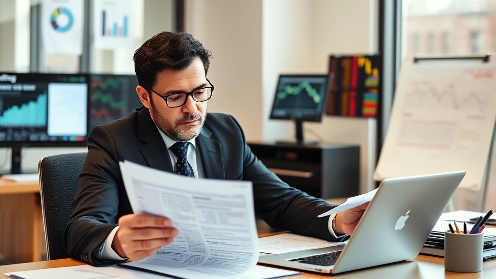 Businessman in suit reviewing SEC Form 4 filing documents at desk with laptop and financial reports, focused analytical work environment with Bloomberg terminal visible