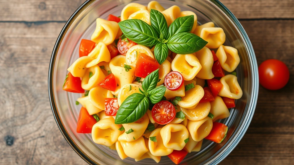 Overhead view of vibrant tortellini salad in clear glass bowl with fresh basil garnish, colorful diced vegetables, and glossy dressing, professional food photography, natural lighting, artisanal presentation