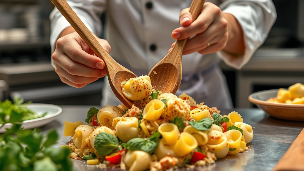 Close-up of chef's hands tossing tortellini salad with wooden utensils in commercial kitchen setting, stainless steel prep table, professional culinary environment, action shot demonstrating technique