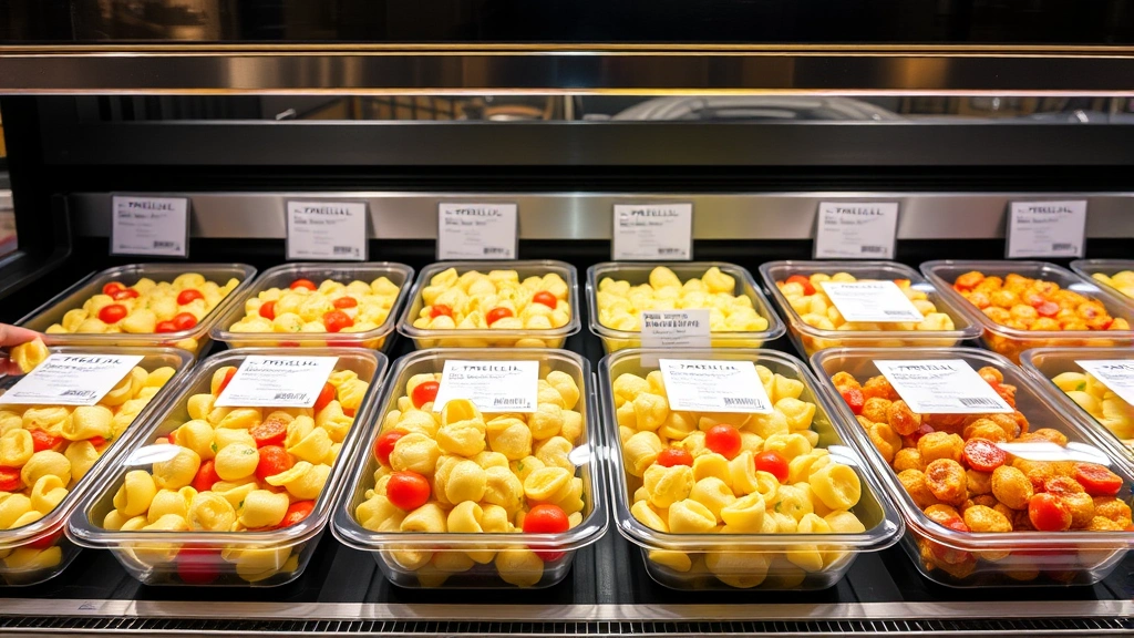 Retail display of packaged tortellini salad in compartmented clear containers on refrigerated shelf, multiple color variations visible, professional food service presentation, modern grocery store lighting