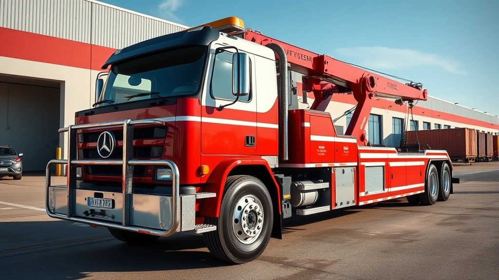 Professional heavy-duty towing lorry with red and white color scheme, photographed from 45-degree angle showing extended towing boom and hydraulic systems, set in modern industrial logistics yard with warehouses in background, midday natural lighting, cinematic composition