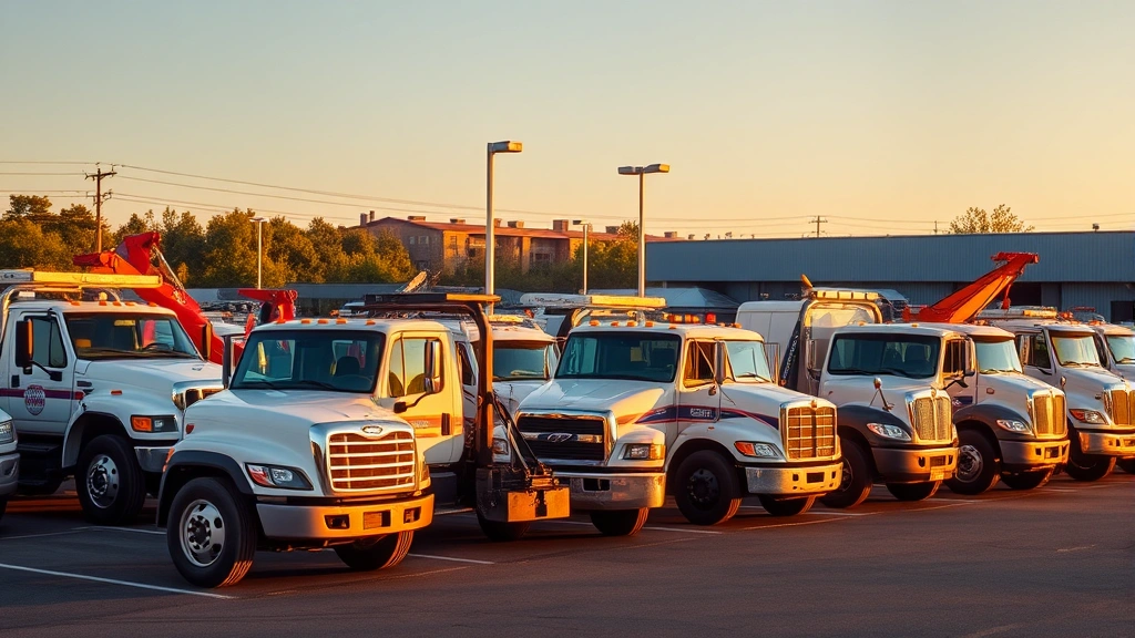 Fleet of diverse commercial towing vehicles lined up in dealer lot showing light-duty pickup-based towers, mid-range heavy-duty towing lorries, and specialized recovery vehicles, golden hour lighting, depth of field emphasizing vehicle variety and professional presentation