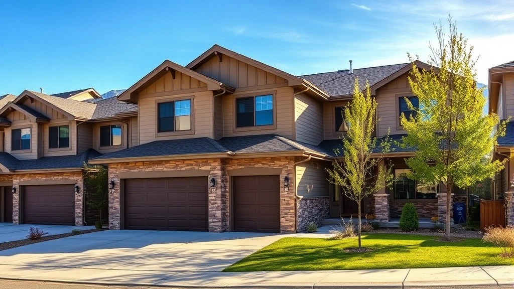 Modern Colorado Springs townhome exterior with attached garage, stone and siding facade, mountain views in background, professional real estate photography, afternoon natural lighting