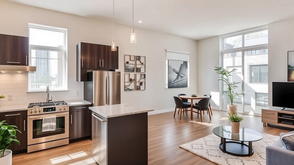 Contemporary open-concept kitchen and living area in townhome, stainless steel appliances, granite countertops, natural light from windows, modern furnishings and decor