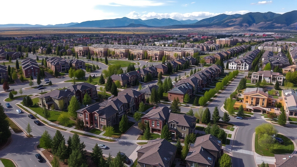 Aerial view of Colorado Springs master-planned community with multiple townhomes, tree-lined streets, community amenities visible, mountain backdrop, professional real estate photography