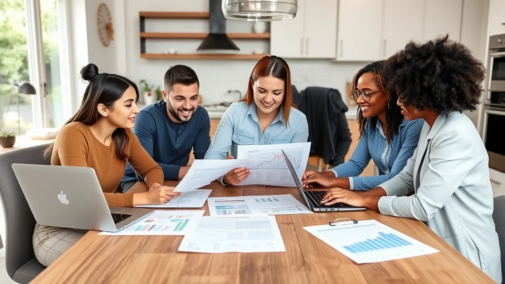 Diverse group of homebuyers reviewing property documents and discussing real estate investment strategy at modern kitchen table with laptops and market data spreadsheets