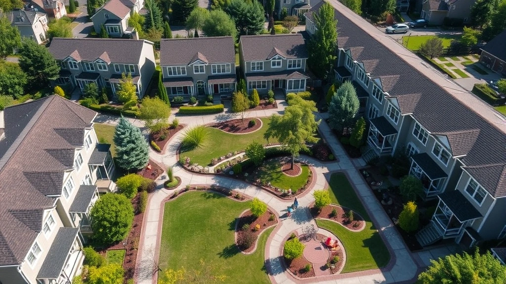 Aerial view of suburban townhome community with mature landscaping, varied architectural styles, and resident families enjoying common courtyard areas and green spaces