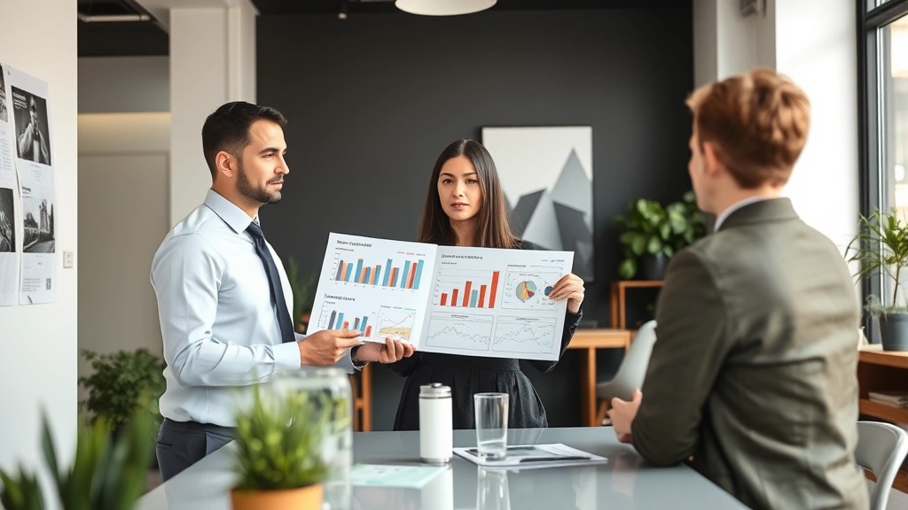 Professional real estate agent presenting comparative market analysis charts and neighborhood demographic data to prospective townhome buyers in contemporary office setting