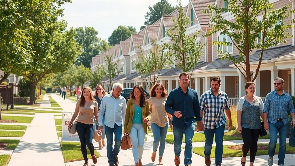 Diverse group of people walking through suburban townhouse neighborhood on sunny day, tree-lined streets with well-maintained properties, families and individuals browsing listings, community feel with parks visible