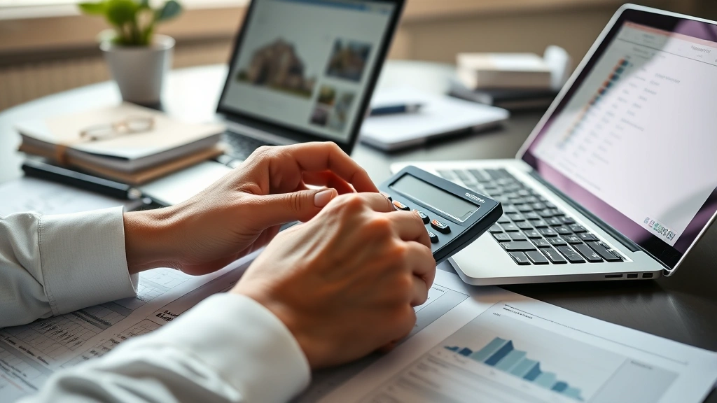 Close-up of hands reviewing mortgage documents and calculator with laptop showing property listings, financial papers spread on desk, professional workspace, daylight from window, focused budget planning scene