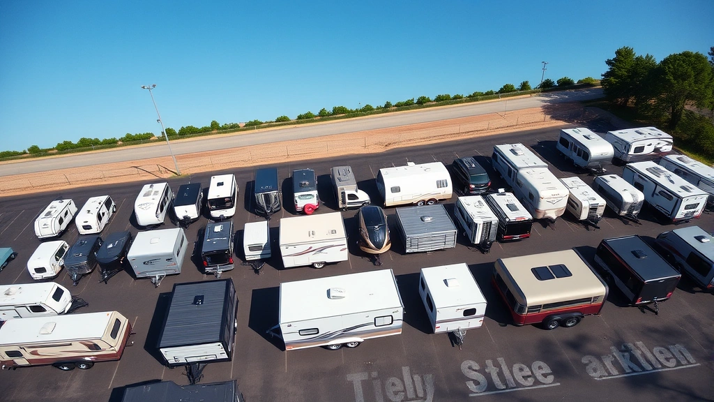 Professional overhead shot of diverse toy haulers lined up in organized dealership lot with clear blue sky, showcasing various sizes and styles from compact bumper-pull to large gooseneck models