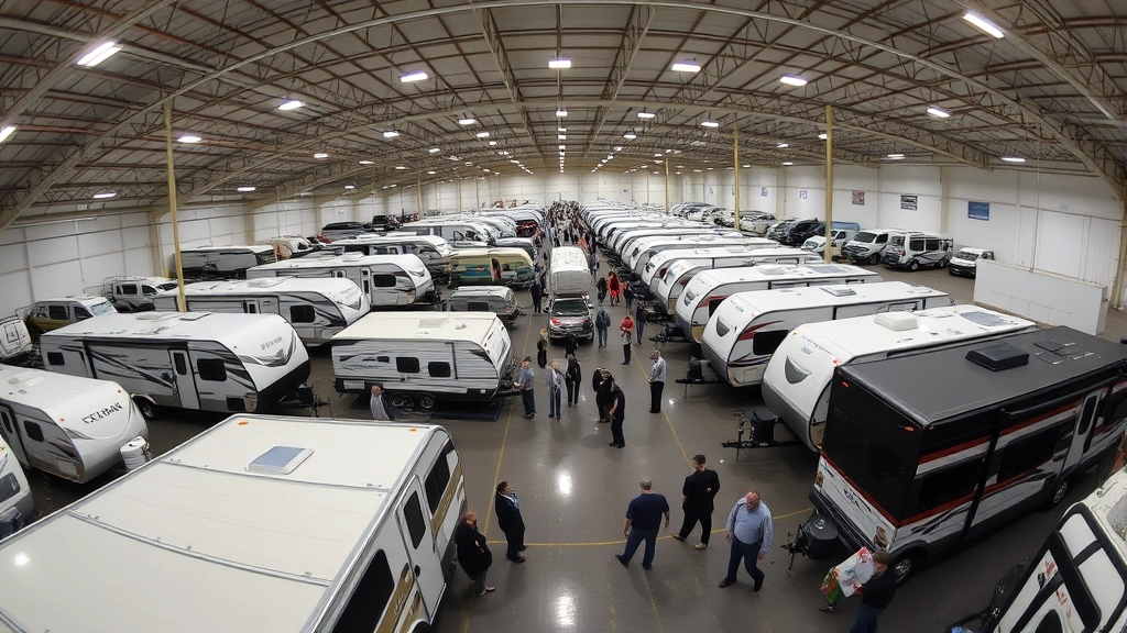 Wide angle view of busy RV and toy hauler marketplace or auction facility with multiple trailers of different types displayed, buyers examining equipment, professional environment