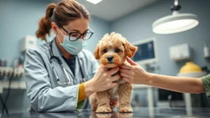 Professional breeder examining healthy toy poodle puppy in clean, well-lit veterinary facility with medical equipment visible, showing proper puppy health assessment procedures
