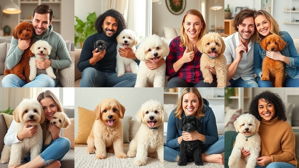 Diverse group of happy dog owners with their toy poodles in various home settings, showcasing different living environments and human-canine bonds