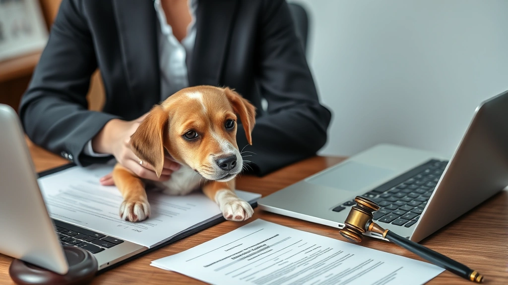 Business professional reviewing pet purchase documentation and contracts at desk with laptop and clipboard, representing legal and financial aspects of dog ownership