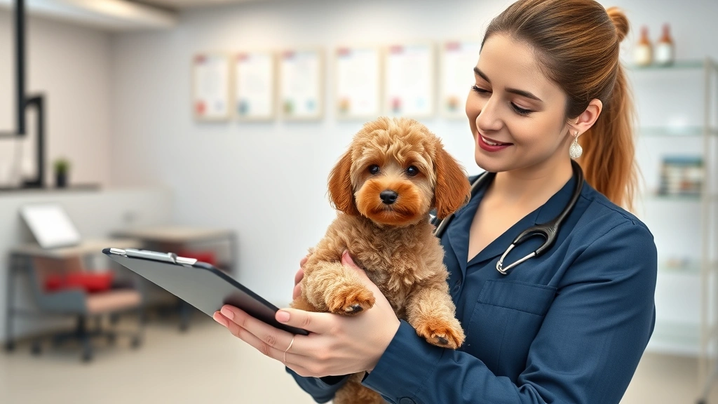 Professional dog breeder in modern facility examining small toy poodle puppy with clipboard, veterinary certificates visible on wall background, natural lighting, business-focused composition
