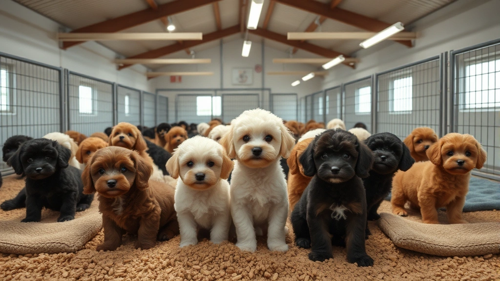 Multiple toy poodles in well-maintained indoor breeding facility with proper ventilation, comfortable bedding, and safety features, showing professional animal care environment without any signage