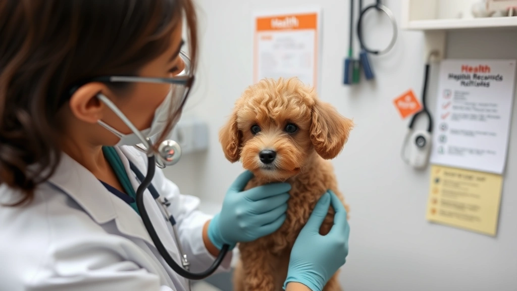 Veterinarian performing health examination on toy poodle puppy using stethoscope and medical equipment, professional clinic setting with health records and certifications displayed, caring professional atmosphere