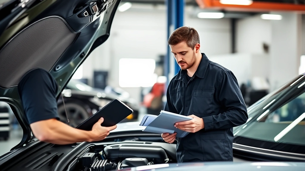 Professional automotive mechanic inspecting sports car engine bay with diagnostic equipment and clipboard, natural lighting in modern service facility, focused on technical evaluation details