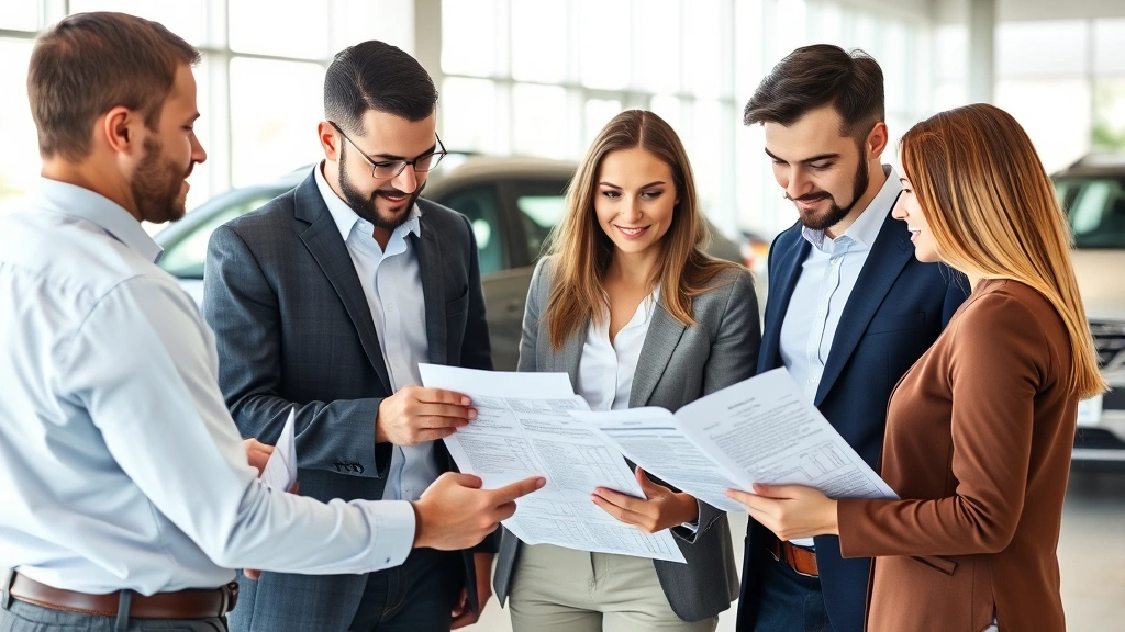 Diverse group of customers reviewing vehicle specifications and pricing documents with sales professional at modern dealership, bright natural lighting through windows, professional business attire, analytical discussion atmosphere