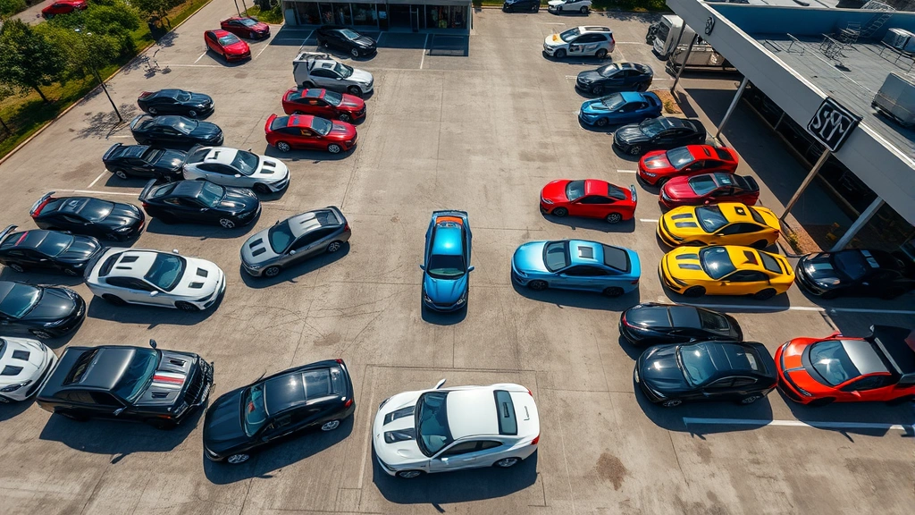 Aerial view of organized automotive dealership lot showcasing multiple sports cars and performance vehicles arranged by model, natural daylight, clear sky, professional inventory management scene