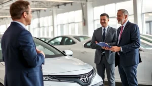 Professional salesman reviewing vehicle features with customer standing beside white 2024 Toyota Camry sedan in bright dealership showroom, natural lighting, confident and trustworthy atmosphere