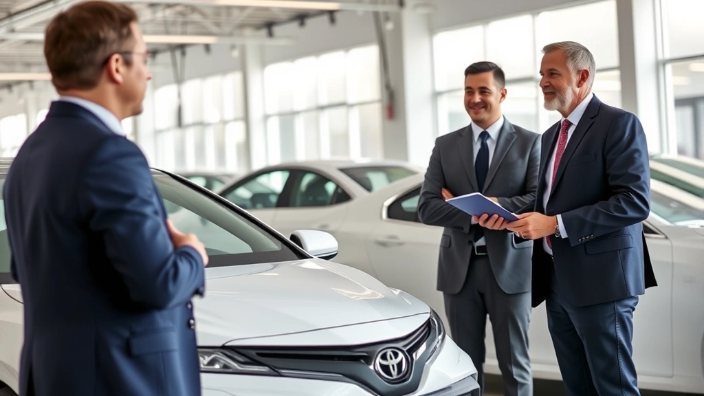 Professional salesman reviewing vehicle features with customer standing beside white 2024 Toyota Camry sedan in bright dealership showroom, natural lighting, confident and trustworthy atmosphere