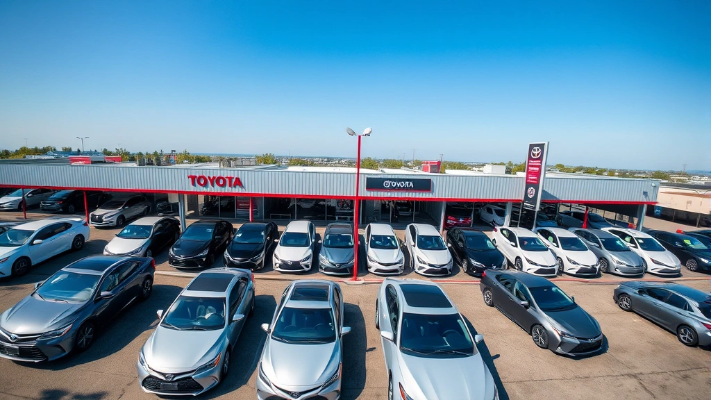 Overhead view of multiple Toyota Camry sedans parked in organized dealership lot showing inventory variety, blue sky, professional automotive retail environment with pricing signs visible