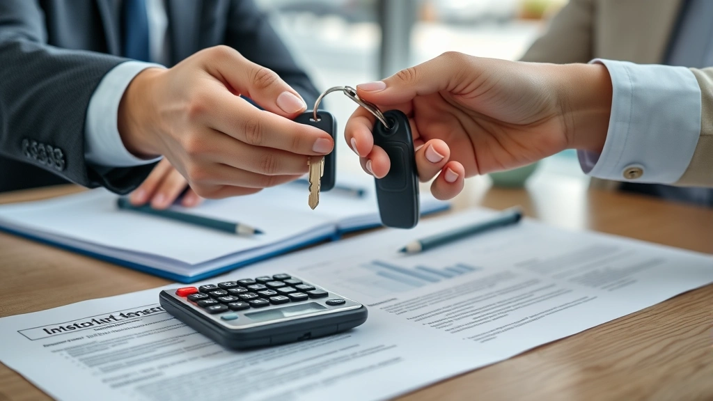 Close-up of hands exchanging car keys and documents during vehicle purchase transaction, financial contract on table with calculator, professional business setting, completion moment