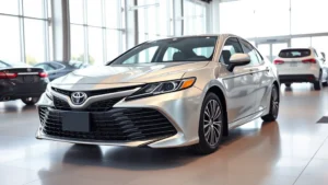 Professional photograph of a silver Toyota Camry XLE sedan parked in a modern automotive showroom with bright natural lighting, emphasizing the vehicle's sleek exterior design and premium appearance