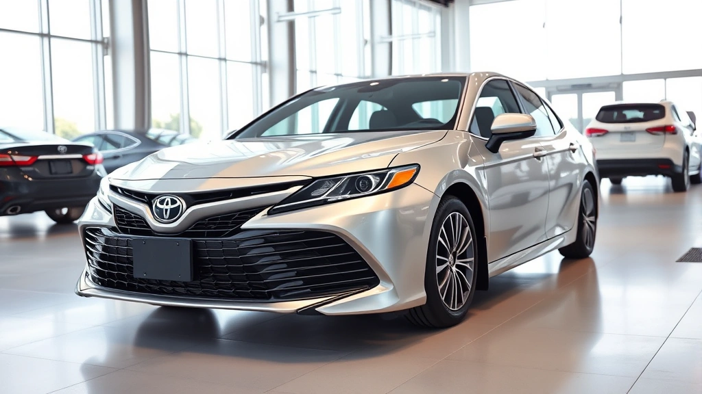 Professional photograph of a silver Toyota Camry XLE sedan parked in a modern automotive showroom with bright natural lighting, emphasizing the vehicle's sleek exterior design and premium appearance