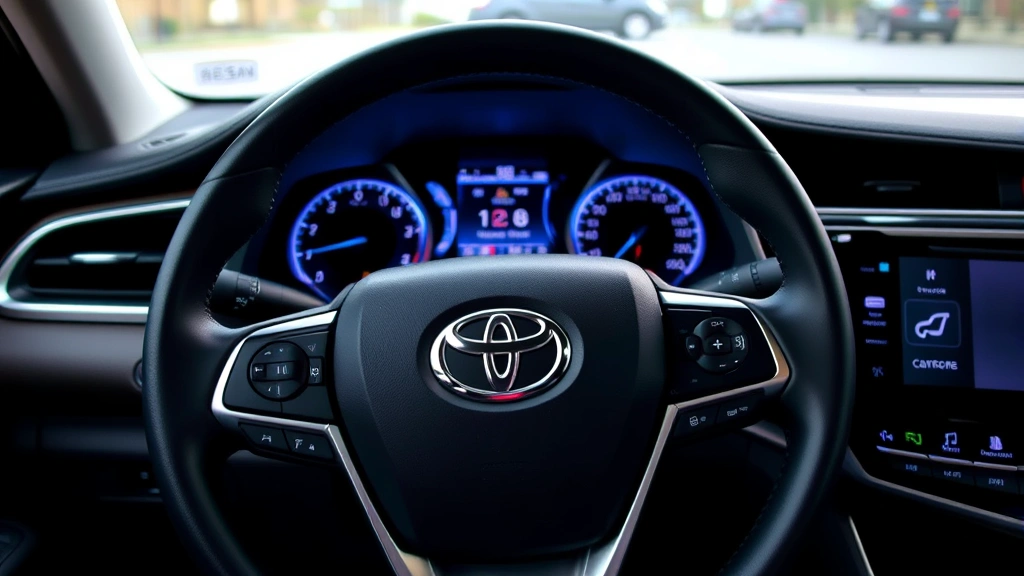 Close-up interior dashboard view of Toyota Camry XLE showing the touchscreen infotainment system, leather steering wheel, and dual-zone climate control buttons with soft ambient lighting