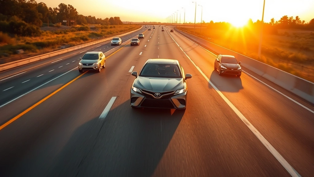 Overhead view of a Toyota Camry XLE on a highway during golden hour sunset, photographed from an elevated angle showing the vehicle's proportions and road presence with surrounding traffic