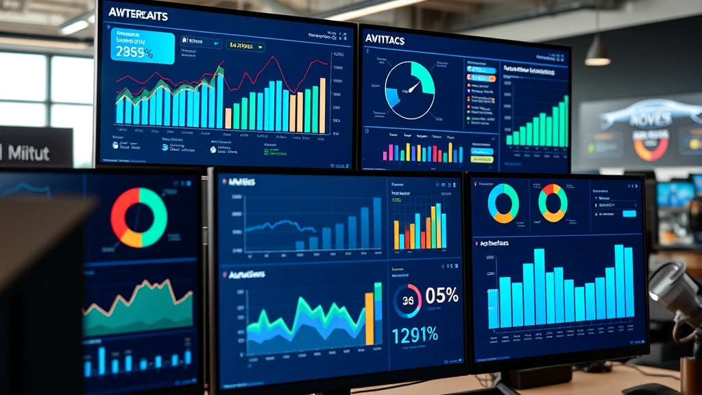 Digital dashboard displaying automotive market data analytics, pricing charts, inventory metrics, and consumer behavior statistics on computer monitors in a dealership office environment