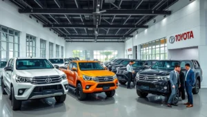 Professional automotive dealership showroom displaying multiple Toyota Hilux pickup trucks in various colors and configurations, with customers and sales consultants examining vehicles under bright showroom lighting, representing modern commercial vehicle retail environment