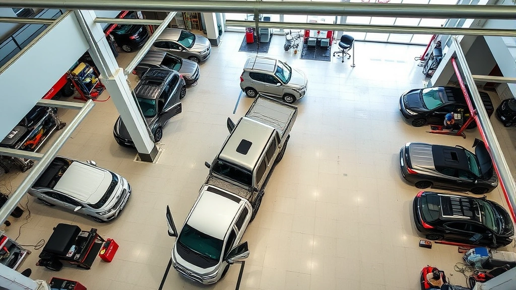 Overhead view of dealership service department with mechanics working on Toyota Hilux vehicles in service bays, diagnostic equipment visible, clean organized workspace demonstrating professional after-sales service operations