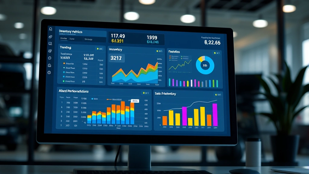 Data analytics dashboard on computer screen showing vehicle inventory metrics, pricing trends, and sales performance charts with colorful graphs and KPI indicators, representing dealer management systems and business intelligence